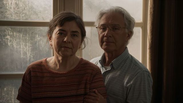 Senior couple standing by frosted window, intimate domestic portrait of older partners
