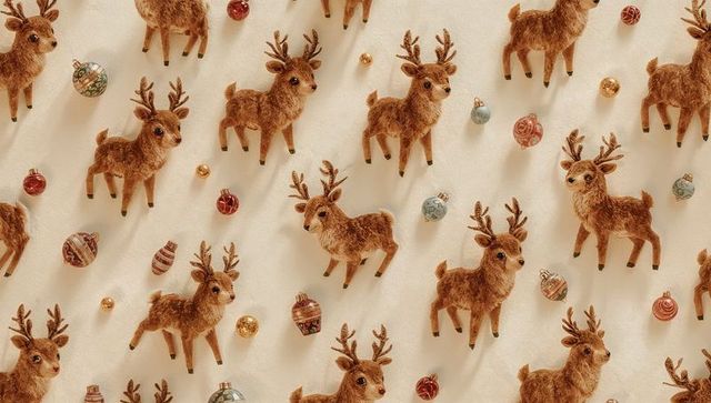 Seamless Plush Reindeer Pattern Showcasing Festive Baubles on Cream Wrapping Paper