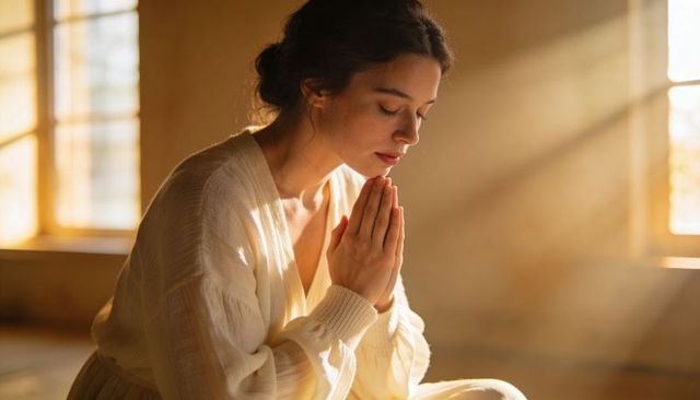 Woman kneeling and praying in sunlit room with paned windows and wooden floor, warm glow