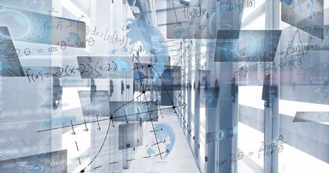 Futuristic data center with technical analysis overlay
