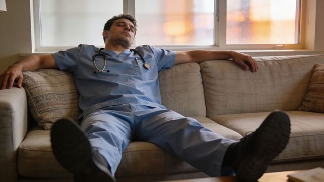 Male nurse resting on couch after long shift wearing blue scrubs and stethoscope