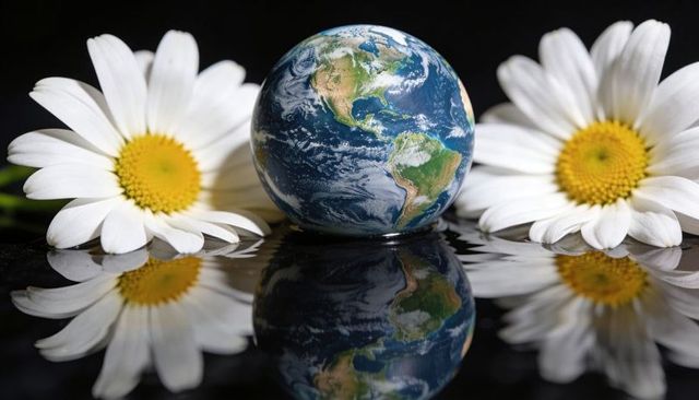 Earth marble reflecting between bright daisies on water ripples symbolizing environmental harmony