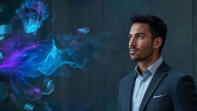 Businessman gazing into futuristic cyan and purple haze, contemplative corporate portrait