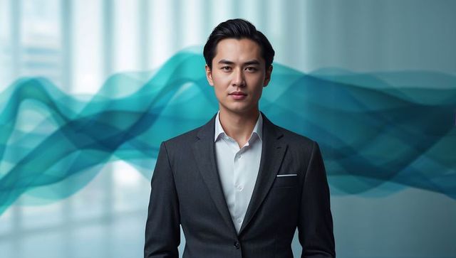 Confident Asian Executive in Dark Suit with Teal Wave Graphic for Corporate Branding