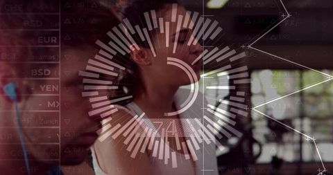 Pair Training with Futuristic HUD Fitness Analytics Overlay in Modern Workout Studio
