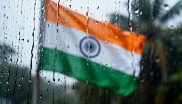 Indian tricolor waving beyond rain-streaked glass with ashoka chakra and blurred backdrop