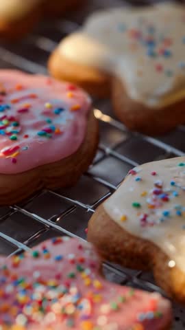 Vertical video of star-shaped cookies cooling on rack with pastel icing and rainbow sprinkles