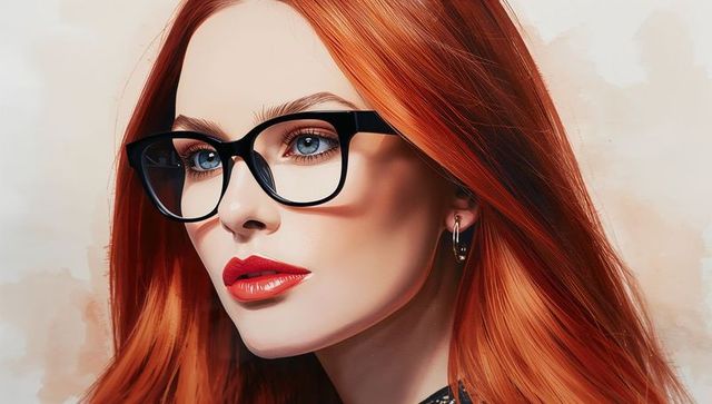 Elegant Red-Haired Model with Black-framed Glasses Dark Eyes