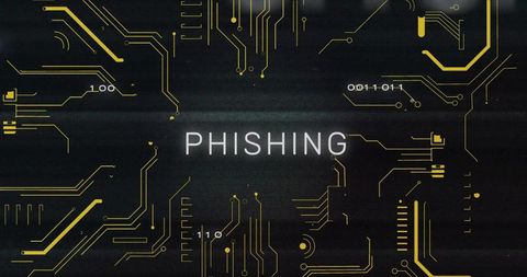 Phishing threat concept with golden circuit traces and binary code on dark network board