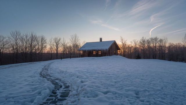 Rustic cabin glowing at dawn on snowy hill with curving stone path