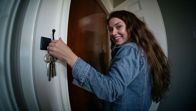 Smiling woman in denim jacket taking keys from hook at home entrance