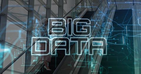 Executives discussing big data on glass atrium escalator with holographic tech overlay