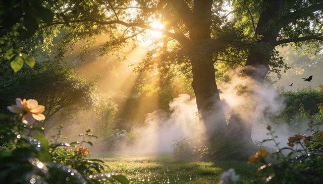 Sunbeams piercing morning mist in garden clearing, twin trees catching golden light