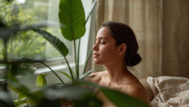 Serene woman breathing among lush indoor plants by sunlit window, natural wellness ritual