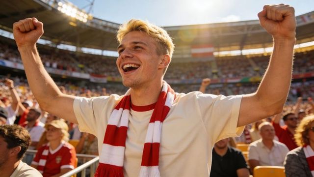 Young fan cheering with raised fists wearing red-and-white scarf in sunlit stadium