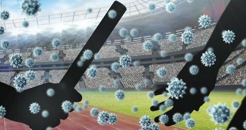 Pandemic impact on sports relay illustrated by covid symbolism