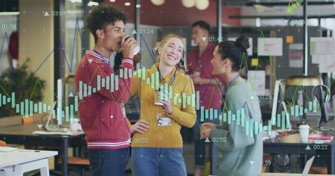 Coworkers Chatting Over Coffee in Modern Office with Overlay Charts