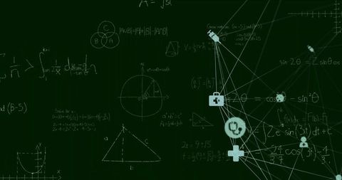 Digital Network with Medical Icons Over Chalkboard Formulas