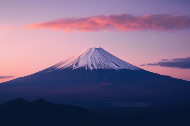 Image showcasing a tranquil sunrise over Mount Fuji with its snowcapped peak under a pink and purple sky. Ideal for themes emphasizing natural beauty, tranquility, and Japanese landscapes. Great for travel magazines, calendars, and nature photography collections.