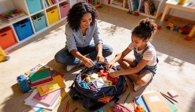 Parent and child packing school backpack in cozy playroom, organizing morning routine