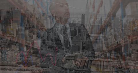 Businessman analyzing global market trends in warehouse