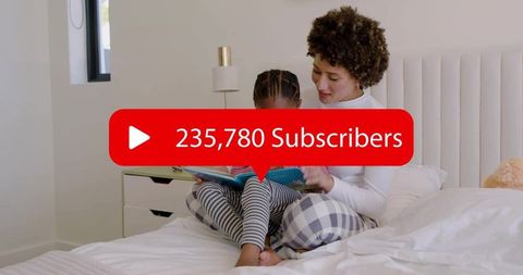 Mother Reading Bedtime Story with Daughter in Pajamas and Subscriber Count Overlay