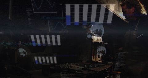Blacksmith Inspecting Metalwork at Forge with Industrial HUD Overlay, Workshop Copy Space