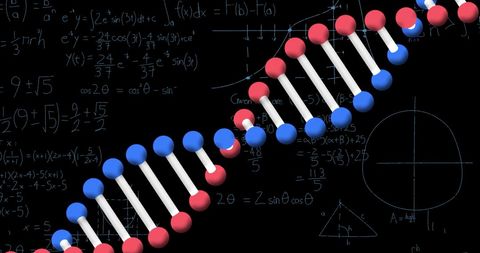 Mathematical equations with molecular dna structure overlay
