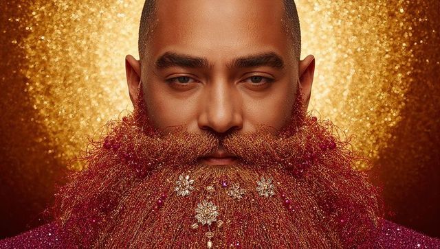 Man wearing bejeweled gold-thread beard with red beads and floral jewels shining on glitter