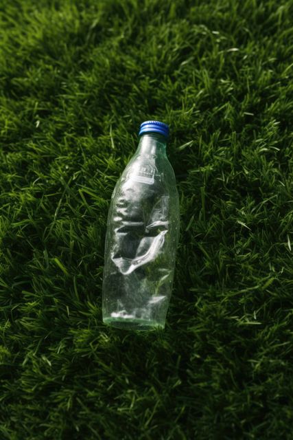 Plastic bottle with blue top on grass background, created using generative ai technology. Recycling, environment and climate change awareness concept digitally generated image.