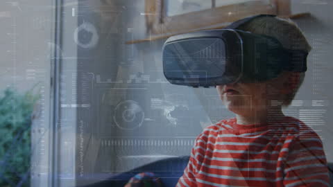 Young Boy Exploring Virtual World with VR Headset and Futuristic Overlay