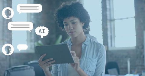 Businesswoman Engaging with AI Chatbot Using Tablet in Office - Download Free Stock Images Pikwizard.com