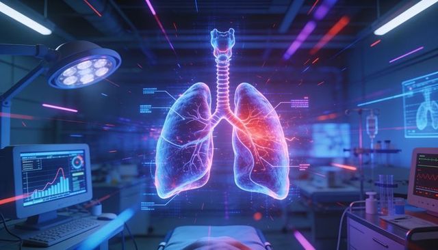 Holographic lungs trachea hovering over hospital bed, futuristic medtech diagnostic interface