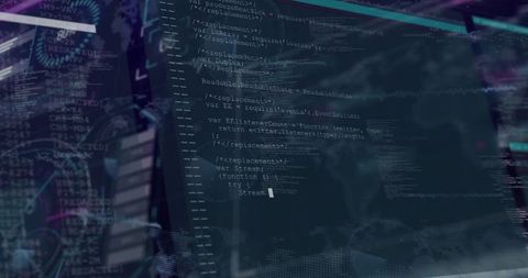 Displaying monitor with source code, terminal output and HUD overlays in dim cyber lab