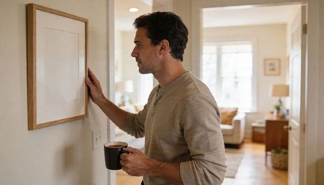 Man holding coffee touching wood-framed artwork in sunlit entryway for cozy home lifestyle