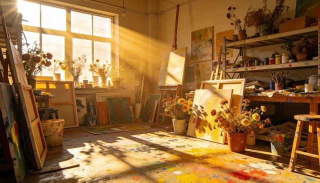 Sunlit artist studio bathing in warm afternoon light with paint-splattered floor