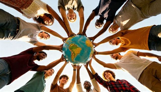Diverse group holding inflatable globe overhead celebrating global unity and teamwork