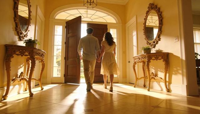 Sunlit couple walking hand-in-hand through elegant foyer toward open wooden front doors