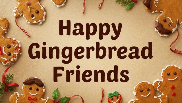 Happy gingerbread friends holiday greeting with cute iced cookies and holly
