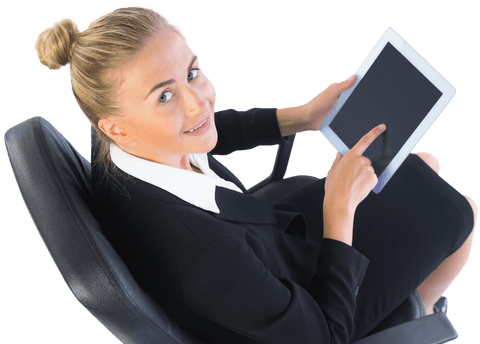 Transparent View Point of Smiling Businesswoman with Tablet