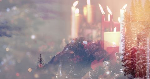 Festive Winter Landscape Blending with Glowing Christmas Candles