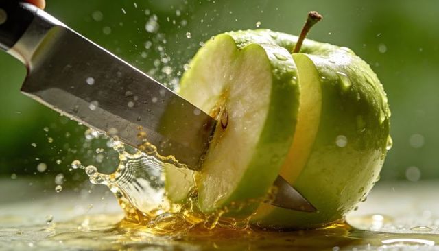 Knife slicing green apple with golden juice splash closeup for food advertising