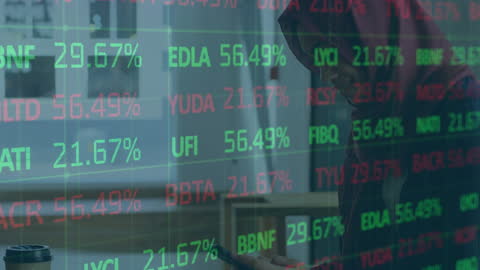 Financial Data Overlaid on Woman in Hijab Using Smartphone