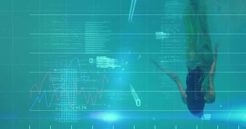 Floating woman in futuristic holographic interface with digital hud and data charts