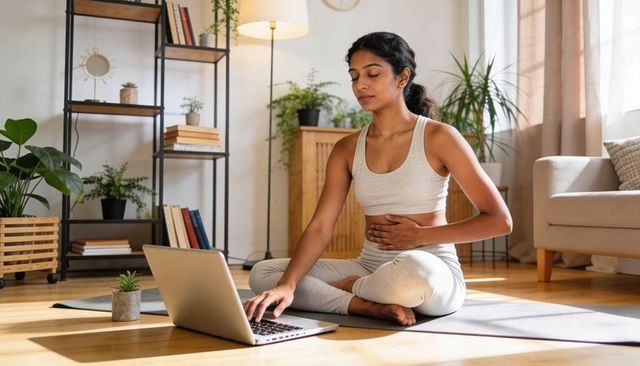 Young woman practicing guided breathwork and meditation at home with laptop on yoga mat