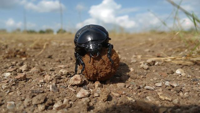 Shiny black dung beetle pushing round brown dung pellet across dry rocky grassland