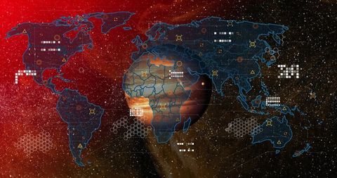 Futuristic Digital Interface with Holographic World Map and Data Visuals