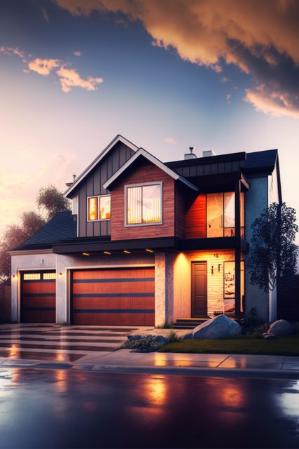 This photo showcases a modern two-story house with a sleek contemporary design during sunset. The house features prominent exterior lighting that highlights its wooden accents and garage doors. The scene depicts an inviting and luxurious atmosphere perfect for residential real estate editorials, property listings, home design inspiration, or architectural portfolios.