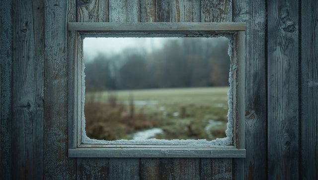Frost-Lined Window in Rustic Wooden Wall Overlooking Winter Field
