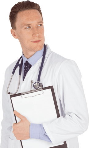 Transparent confident male doctor with clipboard looking away